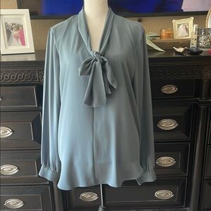 Ann Taylor Green Long Sleeve Tie Front Blouse EUC